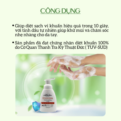 Nước rửa tay hữu cơ diệt khuẩn dạng bọt hương Quế 1000ml thương hiệu Ecocare (tặng kèm vỏ tạo bọt)