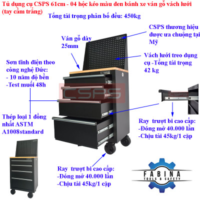 Tủ dụng cụ CSPS 61cm - 04 hộc kéo màu đen bánh xe ván gỗ vách lưới (tay cầm trắng)