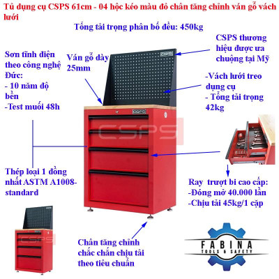 Tủ dụng cụ CSPS 61cm - 04 hộc kéo màu đỏ mặt ván gỗ kèm vách lưới
