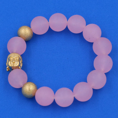 Chuỗi đeo tay Thạch Anh Hồng Phấn Mờ 14 ly - Vòng tay Phật A Di Đà inox vàng VTAHPMNLVHB14 - hợp mệnh Hỏa, mệnh Thổ - Vòng đeo tay size lớn