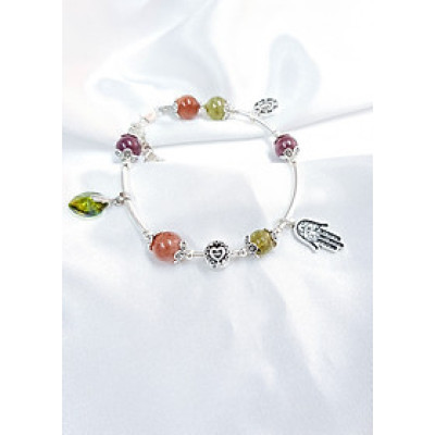 vòng tay mệnh mộc, hỏa đá ganet xanh, đá tourmaline mix đá mặt trời+ charm bàn tay LAT.101