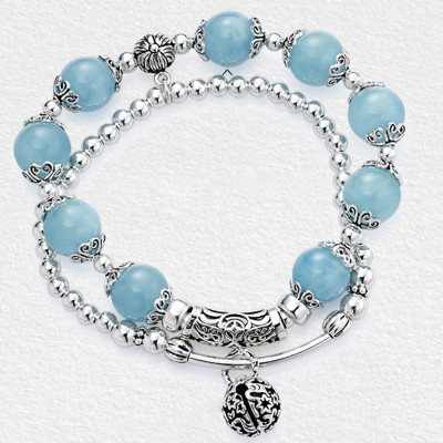 Vòng 2 line đá Aquamarine phối charm bạc size hạt 10mm mệnh thủy, mộc - Ngọc Quý Gemstones