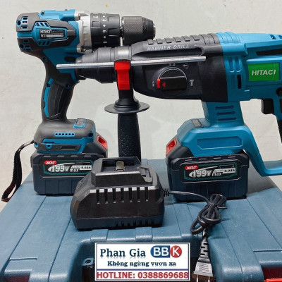 Bộ Combo Máy Khoan Bê Tông Và Máy Và Máy Khoan Pin 199V 2 Pin 15 Cell - Động Cơ Không Than, Tặng Kèm Hộp Đựng - Bảo Hành 12 Tháng