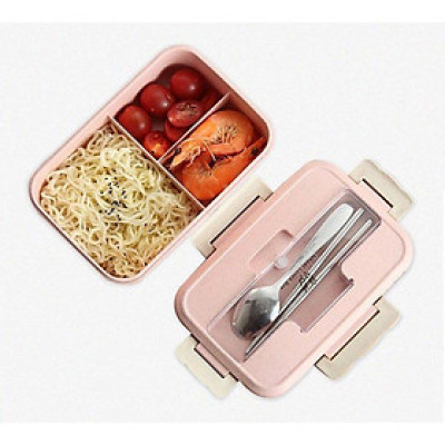 Hộp Đựng Cơm Lúa Mạch 1 Tầng 3 Ngăn Kèm Đũa Và Thìa Inox