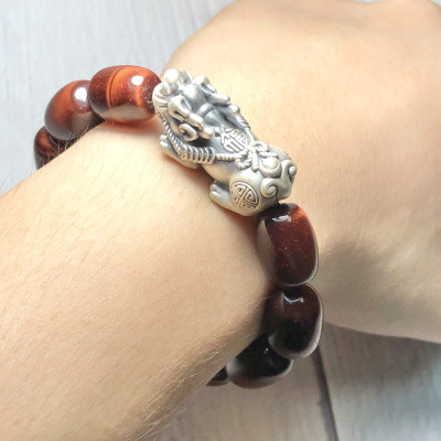 Vòng tay Thạch Anh Mắt Hổ nâu đỏ hạt trụ mix tỳ hưu