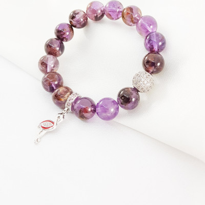 Vòng tay mệnh hỏa, mộc đá thạch anh ưu linh tím mix charm quả cầu đính đá LAT.125