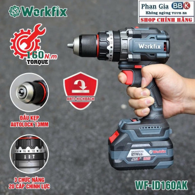 Máy khoan pin 13mm Workfix WF-ID160AK lực siết 160Nm, Không Chổi Than, Chống lật cổ tay-Bảo hành chính hãƞg.