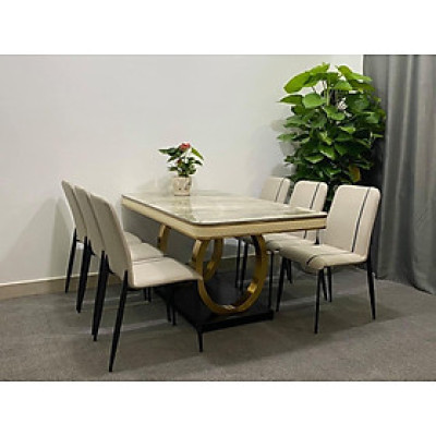 Bộ bàn ghế phòng ăn cao cấp Juno sofa mặt đá đệm da, chân mạ PVD kèm 6 ghế 