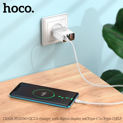 Bộ Sạc Nhanh Dành Cho Hoco C100A Pd20W Qc3.0 Type-C To Type-C Có Đèn Led Dây Dài 1M Hàng Chính Hãng