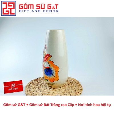 Lọ hoa trang trí dáng bom khắc sen hồng Gốm Sứ G&T
