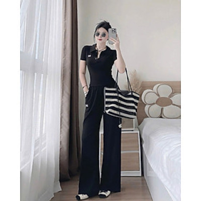 Set Áo Polo Dáng Ôm Thêu Chữ Bad + Quần Dài Ống Suông Rộng Nữ Cá Tính 