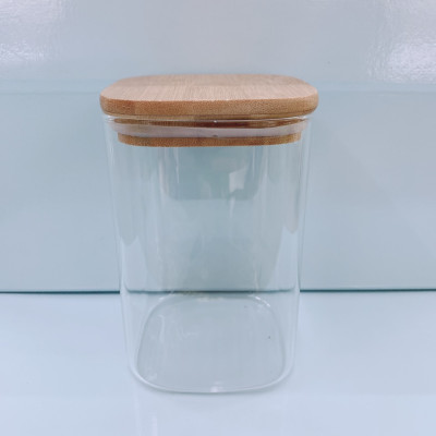 HŨ THỦY TINH DÁNG VUÔNG NẮP GỖ ĐỰNG THỰC PHẨM HẠT KHÔ - VD62