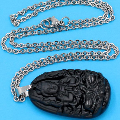 Vòng cổ phật Thiên Thủ Thiên Nhãn - thạch anh đen 3.6cm DITTEB8 - dây inox bạc - kèm hộp nhung - tuổi Tý