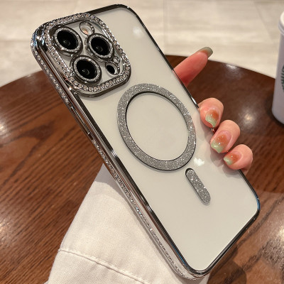 Ốp lưng cho iphone 15 pro max sạc từ tính đính đá vòng kim tuyến rất đẹp - hàng chính hãng 