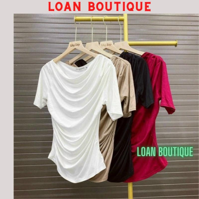 Aó thun hở vai rúm eo cộc tay chất thun lạnh mát đẹp