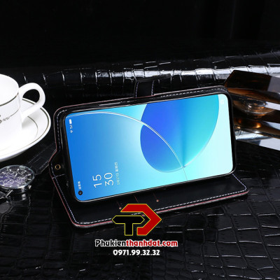 Bao da dạng ví dành cho OPPO Reno6 5G hiệu IDEWEI vân da cá sấu có quai cài - Hàng chính hãng