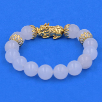 Chuỗi đeo tay Thạch Anh Trắng 12 ly - cẩn Tỳ Hưu Phong thủy inox vàng VTATTHBKV12