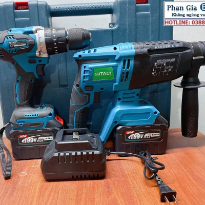 Bộ Combo Máy Khoan Bê Tông Và Máy Và Máy Khoan Pin 199V 2 Pin 15 Cell - Động Cơ Không Than, Tặng Kèm Hộp Đựng - Bảo Hành 12 Tháng