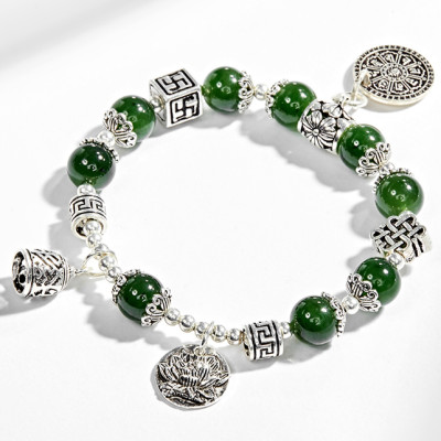 Vòng tay ngọc bích phối charm hoa sen (10mm) Ngọc Quý Gemstones