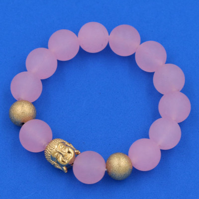 Chuỗi đeo tay Thạch Anh Hồng Phấn Mờ 14 ly - Vòng tay Phật A Di Đà inox vàng VTAHPMNLVHB14 - hợp mệnh Hỏa, mệnh Thổ - Vòng đeo tay size lớn