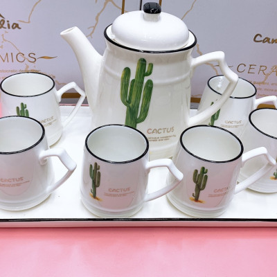 Bộ ấm chén pha trà kèm khay sứ trắng họa tiết xương rồng cao - ANTH155