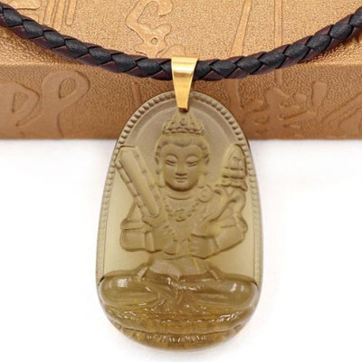 Dây chuyền mặt Hư Không Tạng Bồ Tát thạch anh khói 5cm + dây da - phật bản mệnh tuổi Sửu, tuổi Dần