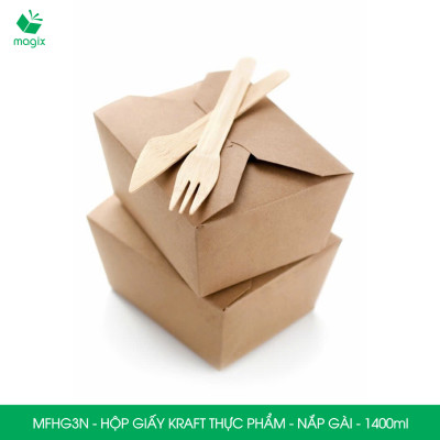 MFHG3N -100 hộp giấy kraft thực phẩm 1400ml, hộp giấy nắp gập màu nâu đựng thức ăn, hộp giấy nắp gài gói đồ ăn mang đi 