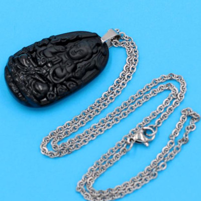 Vòng cổ phật Thiên Thủ Thiên Nhãn - thạch anh đen 3.6cm DITTEB8 - dây inox bạc - kèm hộp nhung - tuổi Tý