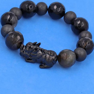 Vòng tay Tỳ Hưu inox Charm Thạch Anh Đen Nâu Cắt Gíac 16 ly phối 6 bi - hợp mệnh Mộc, mệnh Thủy - Vòng size XXL