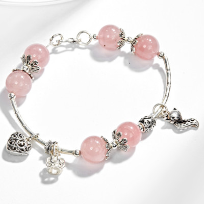 Vòng tay thạch anh hồng phối charm hồ ly bạc (10mm) Ngọc Quý Gemstones