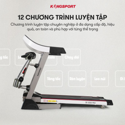Máy chạy bộ KINGSPORT BK-8000 Pro đa năng, nâng dốc tự động 18%, tốc độ tối đa 14khm/h, kèm đai massage và thanh gập bụng, cân nặng phù hợp từ dưới 75kg