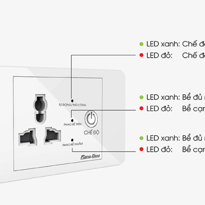 Ổ cắm máy bơm an toàn thương hiệu Rạng Đông Model: OC03.MB 16A, sử dụng nguồn cách ly điện áp thấp 5V đến phao điện tại các bể, an toàn cho người sử dụng