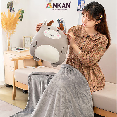 Chăn Gối Văn Phòng 3 Trong 1 Kiểu Bò Siêu Dễ Thương Dùng Để Ngủ Tại Văn Phòng Trên Sofa Màu Sắc Nhã Nhặn Vải Nỉ Siêu Mềm Mịn