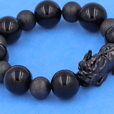 Chuỗi tay Tỳ Hưu inox charm Thạch Anh Đen size 16 ly phối 6 bi - hợp mệnh Mộc, mệnh Thủy - Chuỗi size XXL