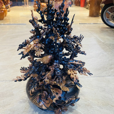 Bình hoa mai lan phú quý trang trí phong thủy hút tài lộc bằng gỗ mun hoa kt cao 56×38×28cm