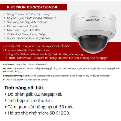 Camera IP HIKVISION DS-2CD2183G2-IU 8MP 30m, Tích hợp Mic, phát hiện người và phương tiện, Phát hiện khuôn mặt ,.-Hàng chính hãng