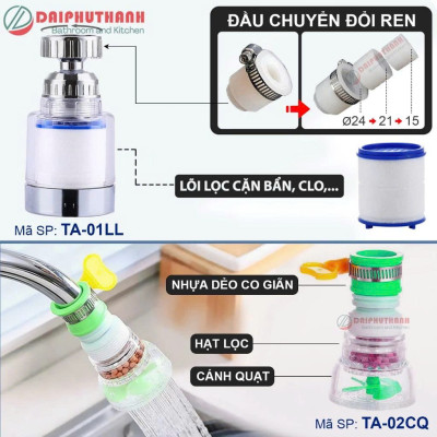 Đầu Nối Tăng Áp Gắn Vòi Rửa Chén Bát Đa Năng - Đầu vòi có thể xoay, lọc cặn bẩn, ren từ 15 đến 24mm