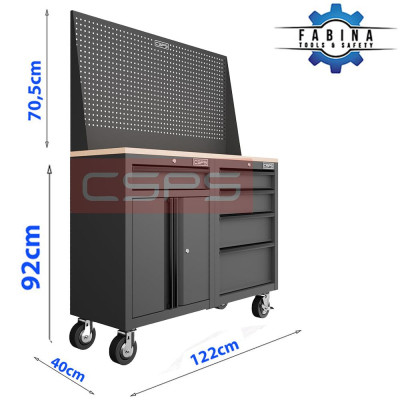 Bộ 2 Tủ dụng cụ CSPS 122cm 05 hộc kéo màu đen mặt ván gỗ kèm vách lưới