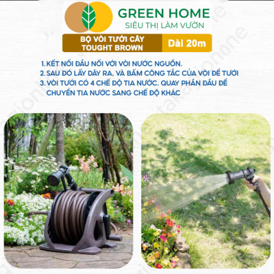 Bộ vòi tưới cây Takagi Tough Brown GreenHome, Dài 20m, Nhỏ Gọn, Bền Bỉ, Vòi Phun Đa Năng, Chuẩn Nhật Bản
