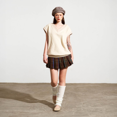 DOTTIE - Áo gilet cộc tay phối màu - Beige - T0837