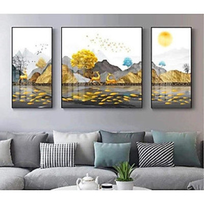 Bộ ba tranh tráng gương cao cấp hươu cá tài lộc