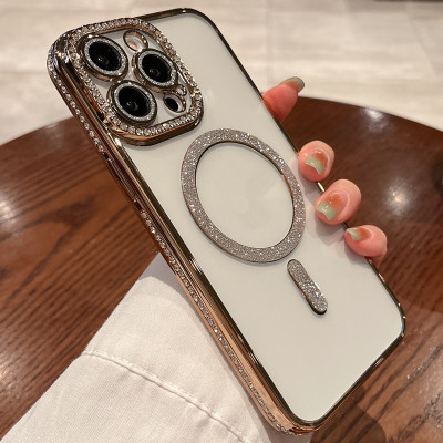 Ốp lưng cho iphone 15 pro max sạc từ tính đính đá vòng kim tuyến rất đẹp - hàng chính hãng 
