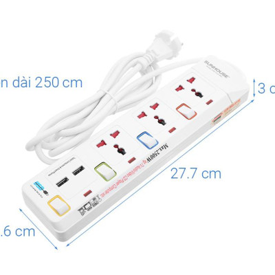 Ổ cắm điện Sunhouse 2 USB 3 lỗ 3 chấu 2.5m SHE- OC2-3RU - Hàng chính hãng