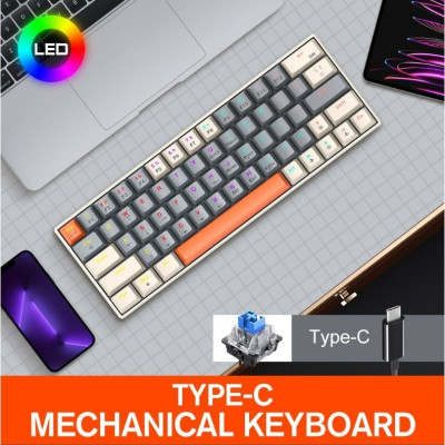 Keyboard T-WOLF T60 Gray White Chính hãng (Phím cơ, 63 key, Blue Switch, 20 chế độ LED, Kết nối cổng Type-C) - BH 12TH - Hàng chính hãng