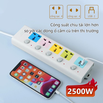 Ổ cắm điện đa năng 7 Cổng Sạc USB 2 Cáp USB 3 Và 5M Dây Cáp Dày Chất Lượng Cao 100% Chính Hãng 2023New