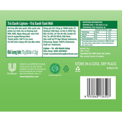 Combo 3 Lipton Trà Xanh Tươi Mới Hộp 1.5g x 50 túi