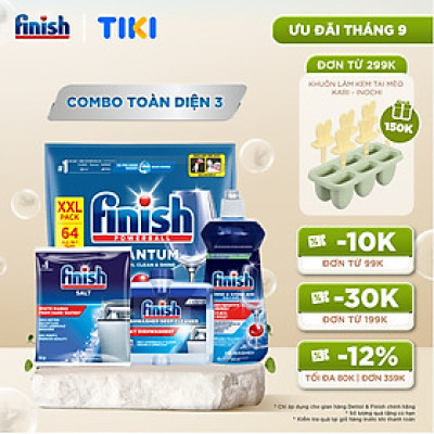 Combo Finish toàn diện 3: Viên Rửa Chén Bát Finish Powerball Quantum 64 viên + Nước Làm Bóng Finish 500ml + Muối Rửa Chén Finish Salt túi 1kg + Dung dịch vệ sinh máy