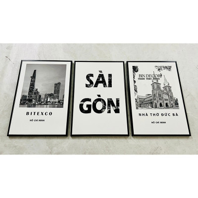 (ẢNH CHỤP THẬT) TRANH TREO TƯỜNG SÀI GÒN TRẮNG ĐEN KÈM ĐINH 3 CHÂN DỄ TREO
