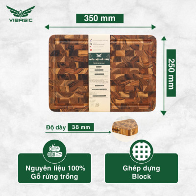 Thớt chặt gỗ Teak Vibasic ghép dựng block kích thước 350x250x38mm, dùng để chặt