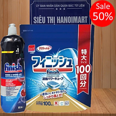 Combo Viên Rửa Chén Powerball Power Essential Lemon Sparkle - Túi 100 viên + Nước làm bóng Finish Rinse & Shine Aid 500ml